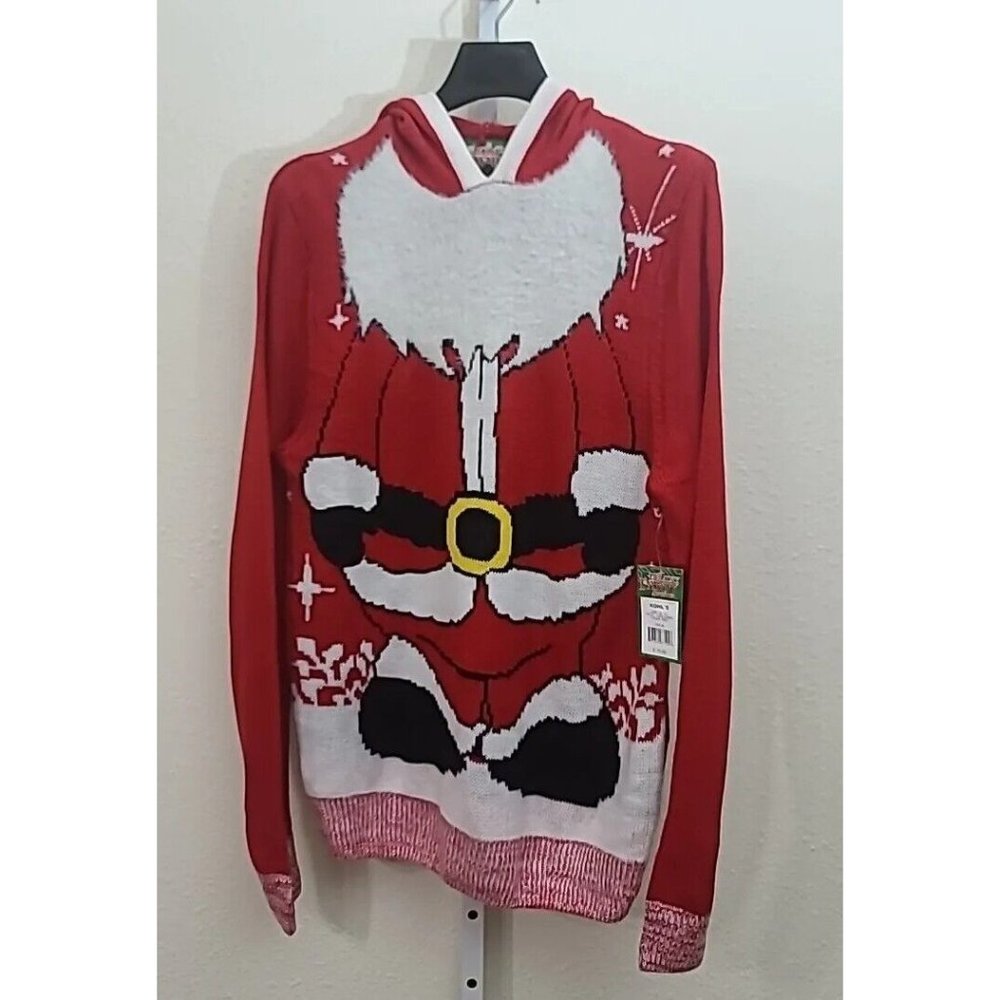 Party Sweater Santa Suit Acrylic Hoodie Size M Fuzzy Beard NEW NWT